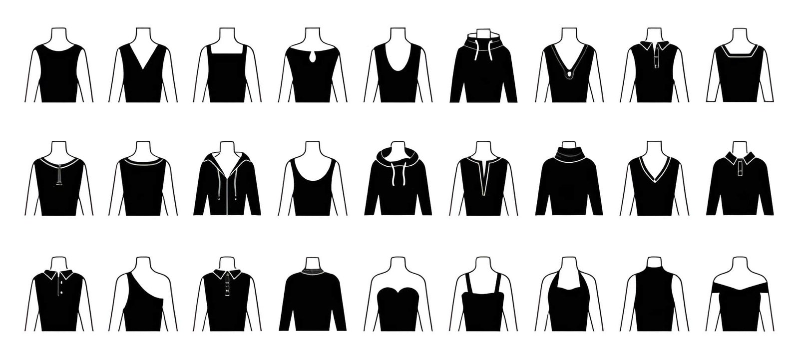 Dress neckline styles including V-neck, scoop, sweetheart, halter, and off-shoulder.