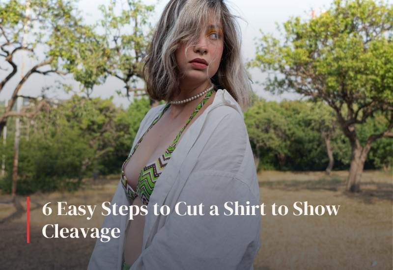 Woman wearing a DIY cut shirt showing how to cut a shirt to show cleavage