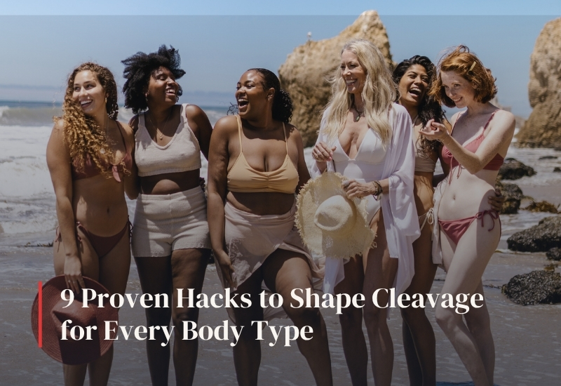 Different body types in bikinis showing how to shape cleavage