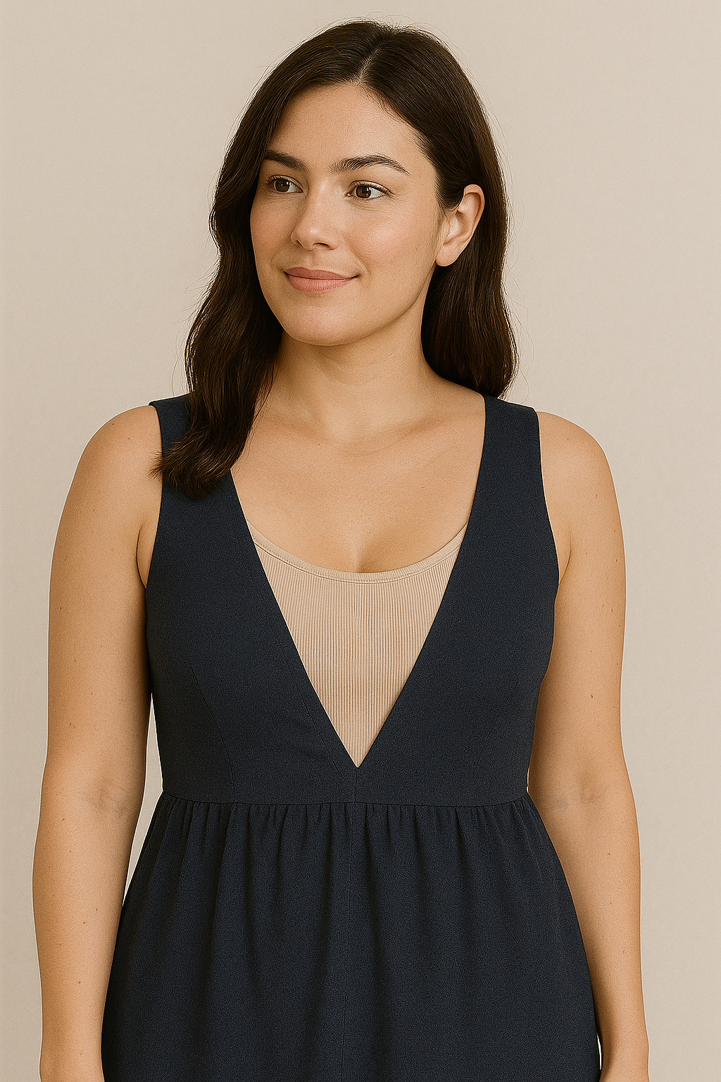 Woman wearing a navy blue deep neck dress layered over a beige ribbed bodysuit to modestly cover cleavage.