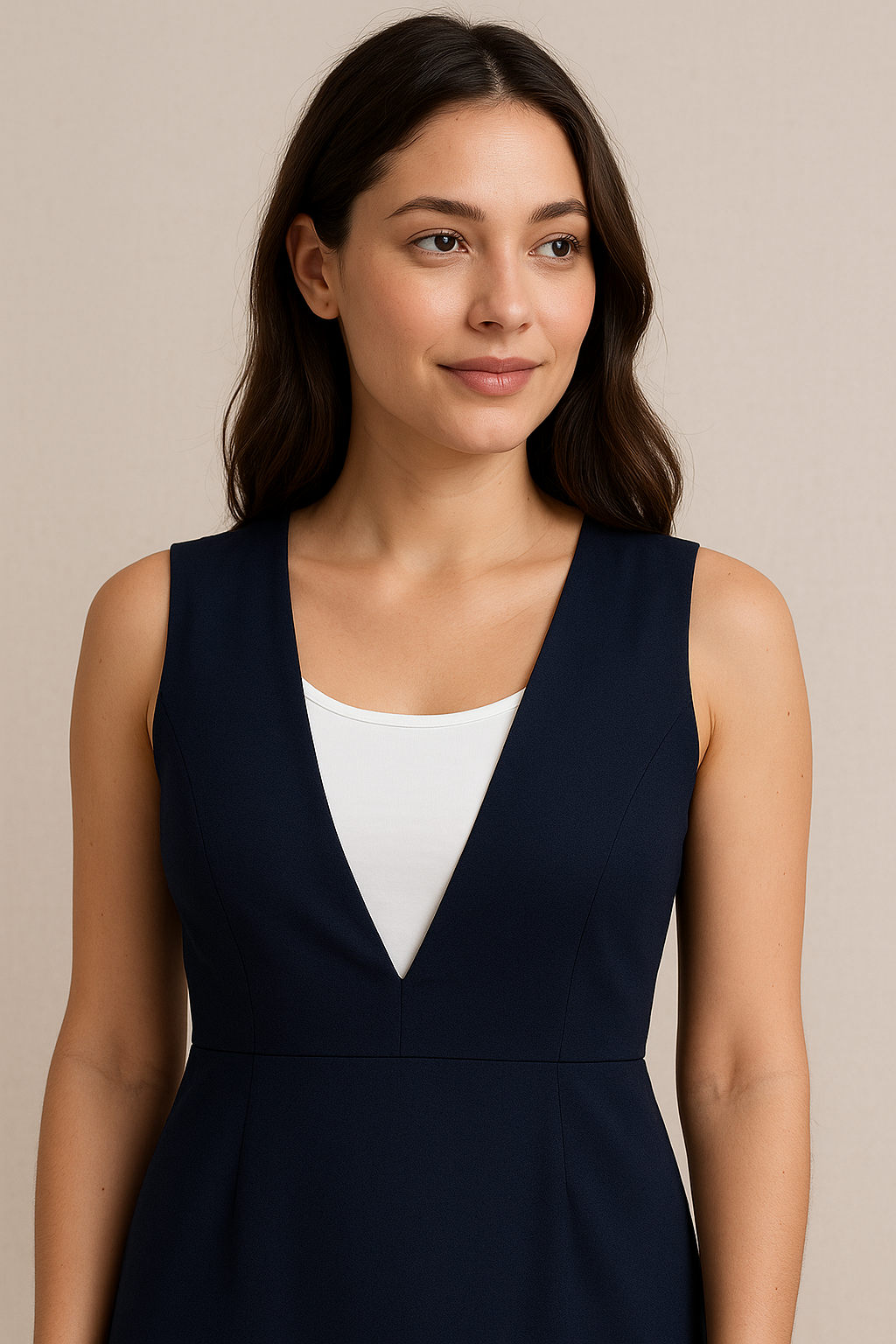Woman wearing a navy sleeveless deep-neck dress layered over a white camisole to modestly cover cleavage